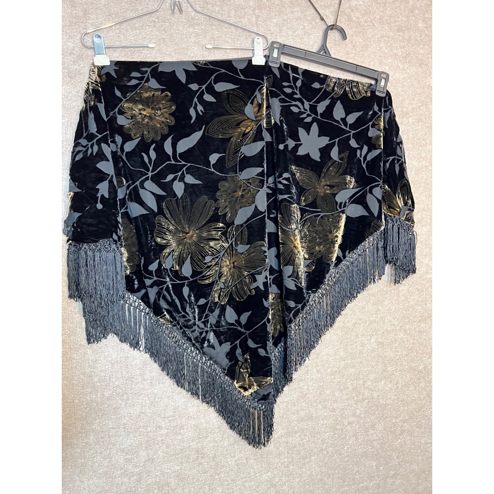 Vintage Burnout Velvet Fringe Shawl Scarf One Size Black Gold Floral Boho